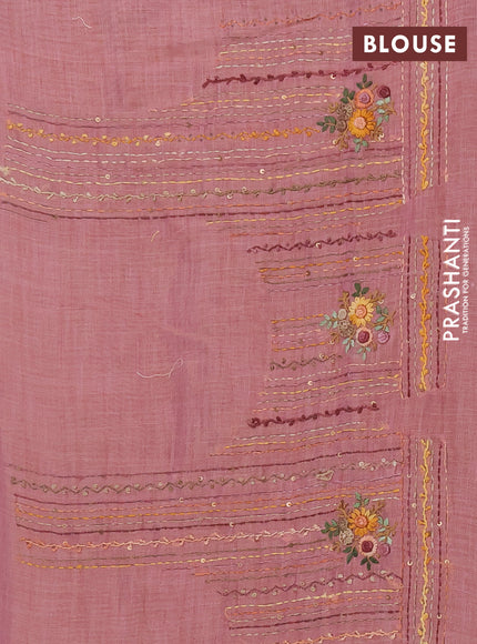 Linen saree dark peach with embroidery buttas and embroidery pallu