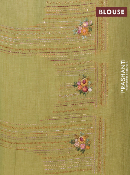 Linen saree light green with embroidery buttas and embroidery pallu