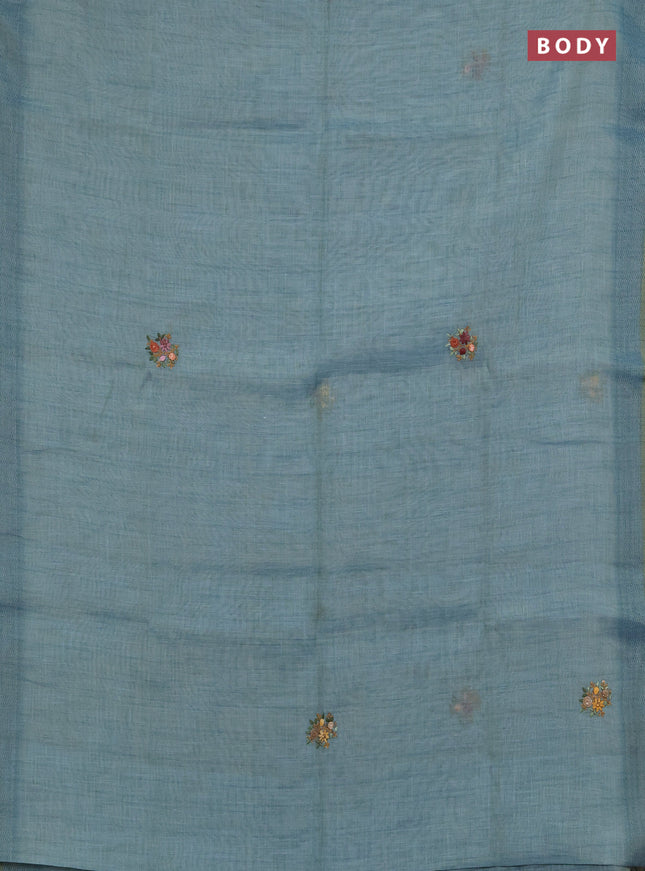 Linen saree pastel blue with embroidery buttas and embroidery pallu