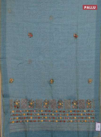 Linen saree pastel blue with embroidery buttas and embroidery pallu