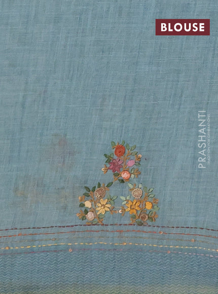 Linen saree pastel blue with embroidery buttas and embroidery pallu