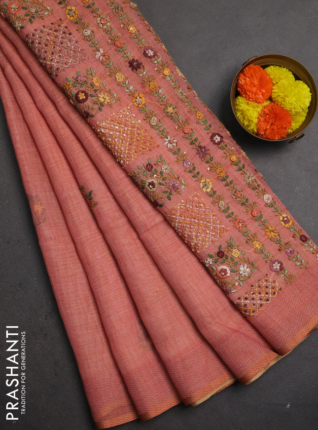 Linen saree dark peach with embroidery buttas and embroidery pallu