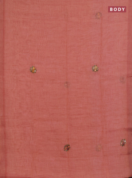 Linen saree dark peach with embroidery buttas and embroidery pallu