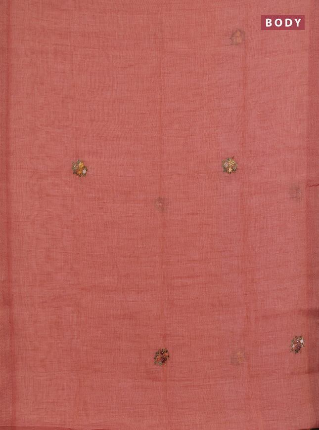 Linen saree dark peach with embroidery buttas and embroidery pallu