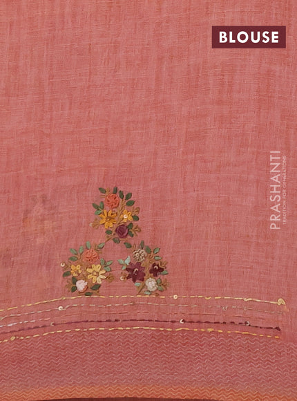Linen saree dark peach with embroidery buttas and embroidery pallu