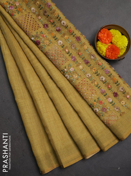 Linen saree dark mustard with embroidery buttas and embroidery pallu