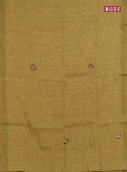Linen saree dark mustard with embroidery buttas and embroidery pallu