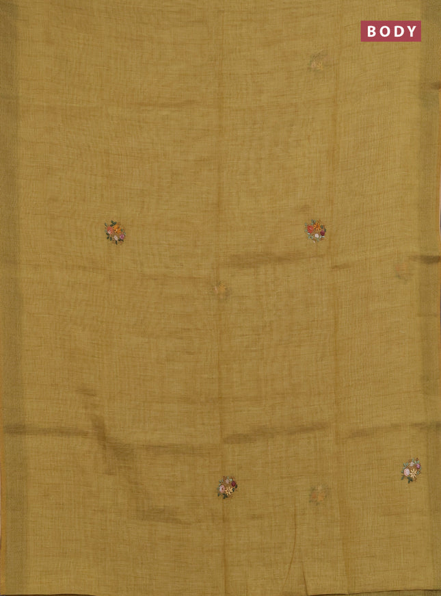 Linen saree dark mustard with embroidery buttas and embroidery pallu