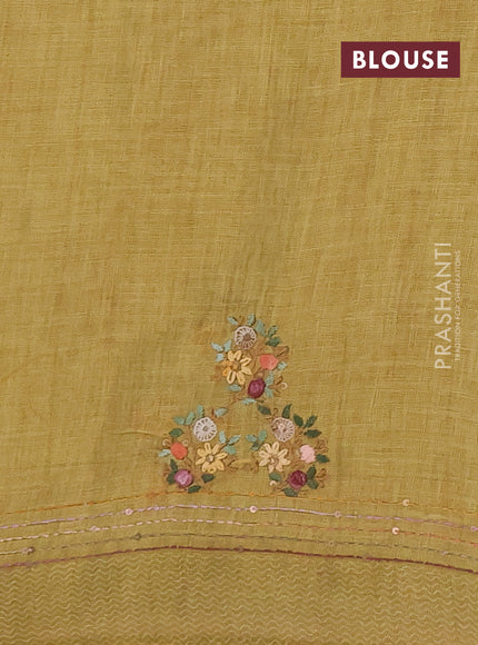 Linen saree dark mustard with embroidery buttas and embroidery pallu