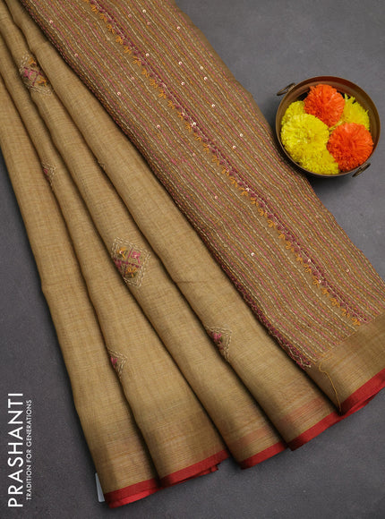 Linen saree sandal and maroon with embroidery buttas and embroidery pallu