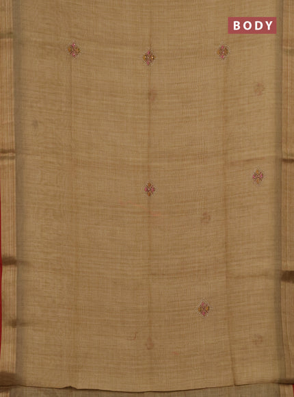 Linen saree sandal and maroon with embroidery buttas and embroidery pallu
