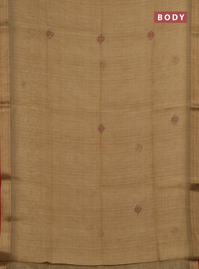Linen saree sandal and maroon with embroidery buttas and embroidery pallu