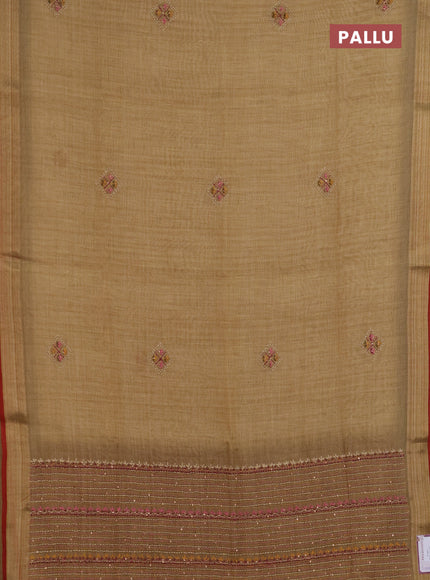 Linen saree sandal and maroon with embroidery buttas and embroidery pallu