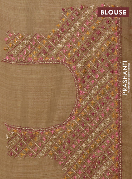 Linen saree sandal and maroon with embroidery buttas and embroidery pallu