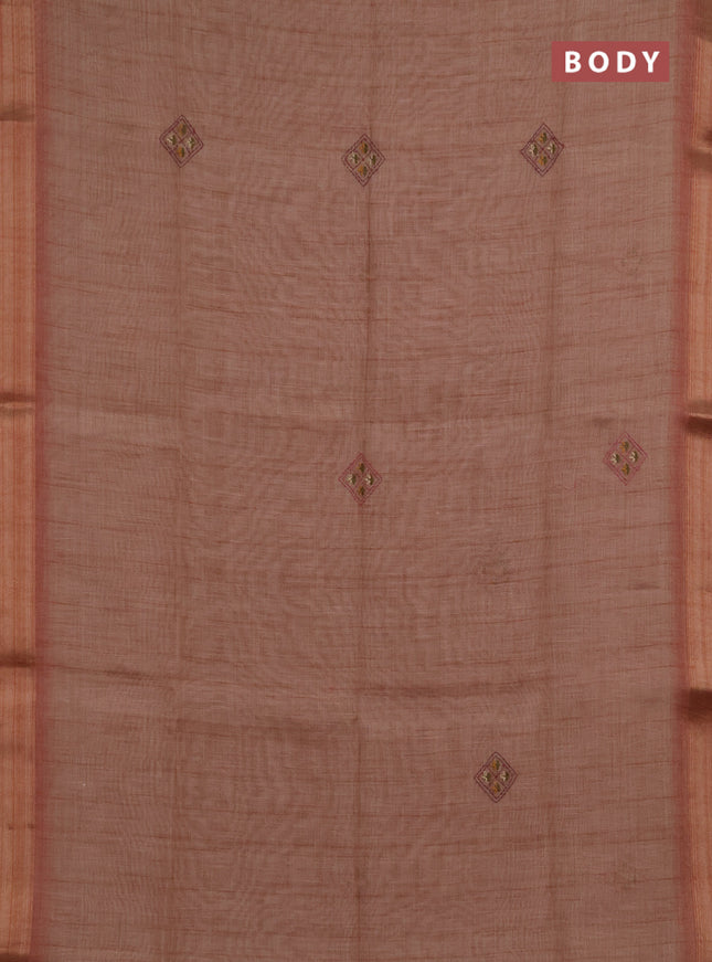 Linen saree rust shade and maroon with embroidery buttas and embroidery pallu
