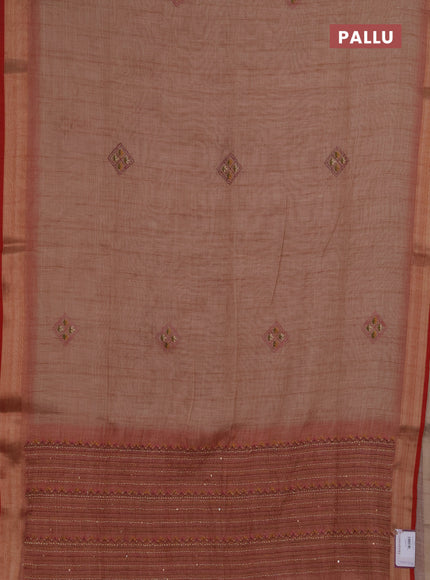 Linen saree rust shade and maroon with embroidery buttas and embroidery pallu
