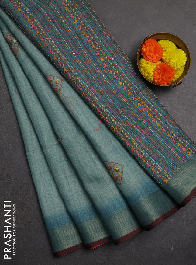 Linen saree teal blue and maroon with embroidery buttas and embroidery pallu