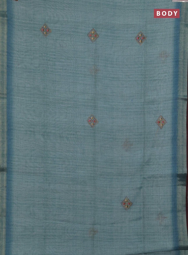Linen saree teal blue and maroon with embroidery buttas and embroidery pallu