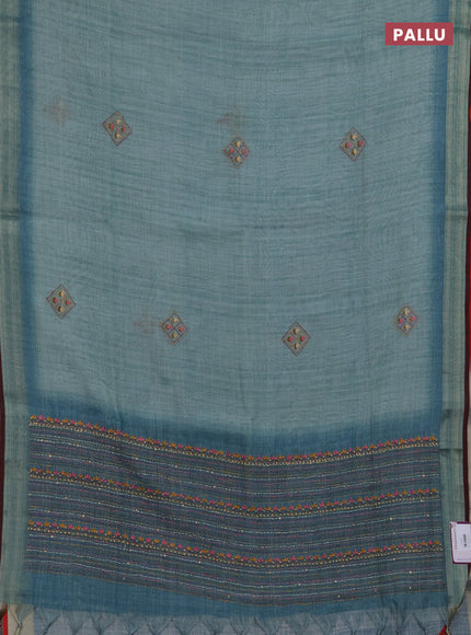 Linen saree teal blue and maroon with embroidery buttas and embroidery pallu