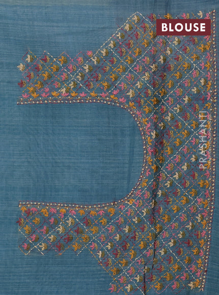 Linen saree teal blue and maroon with embroidery buttas and embroidery pallu