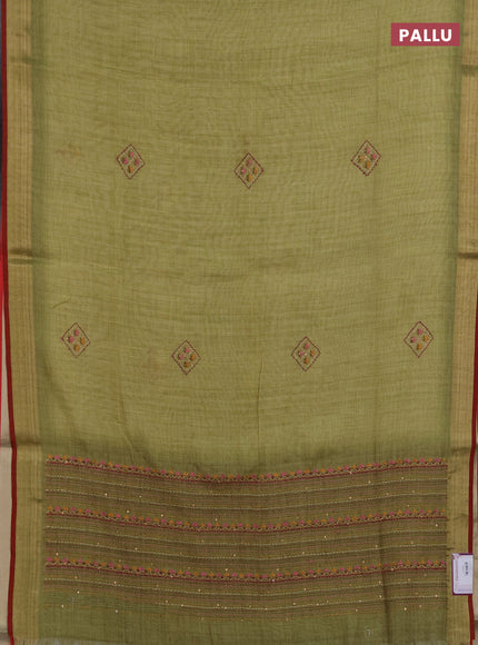 Linen saree light green and maroon with embroidery buttas and embroidery pallu