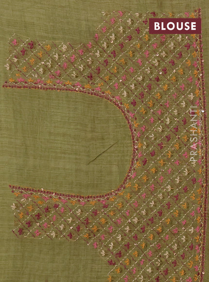 Linen saree light green and maroon with embroidery buttas and embroidery pallu