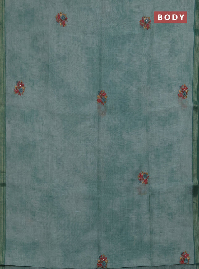 Linen saree teal green with embroidery buttas and embroidery pallu