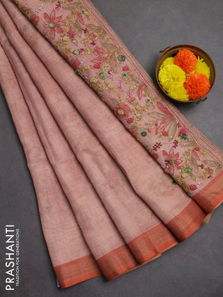Linen saree peach shade with embroidery buttas and embroidery pallu