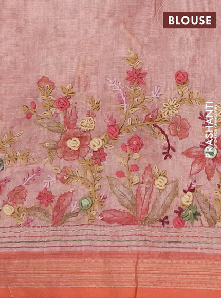 Linen saree peach shade with embroidery buttas and embroidery pallu