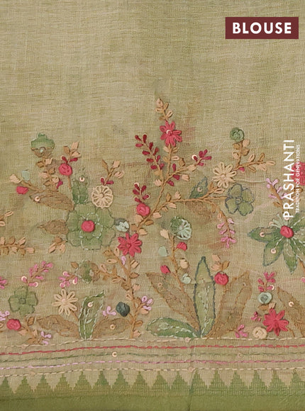 Linen saree pastel green with embroidery buttas and embroidery pallu