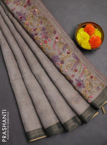 Linen saree grey shade with embroidery buttas and embroidery pallu