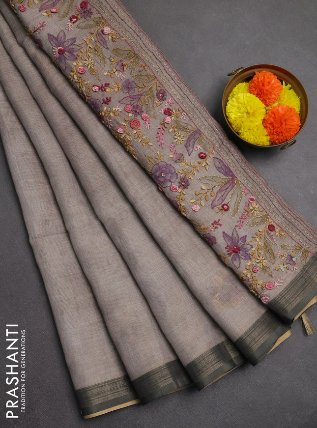 Linen saree grey shade with embroidery buttas and embroidery pallu