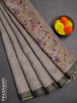 Linen saree grey shade with embroidery buttas and embroidery pallu