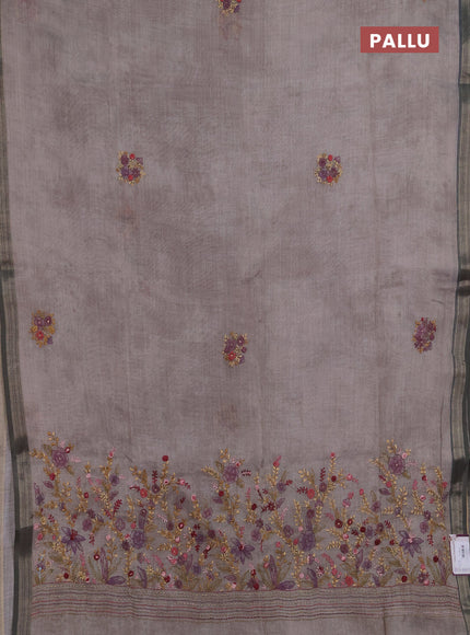 Linen saree grey shade with embroidery buttas and embroidery pallu