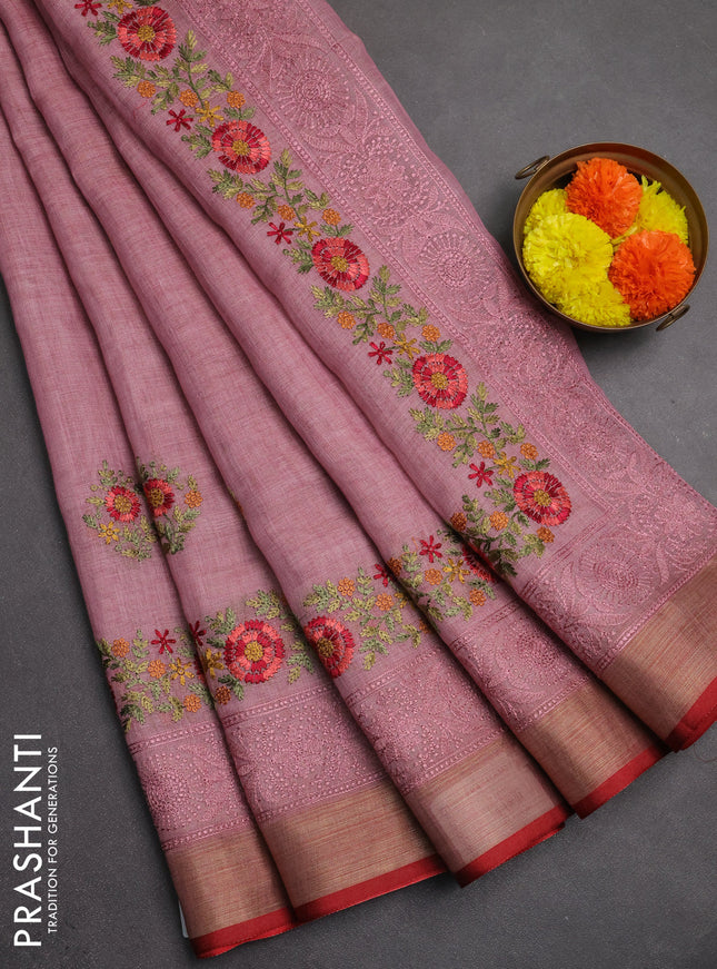 Linen saree pastel pink and maroon with embroidery buttas and embroidery pallu & border