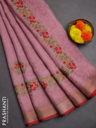 Linen saree pastel pink and maroon with embroidery buttas and embroidery pallu & border