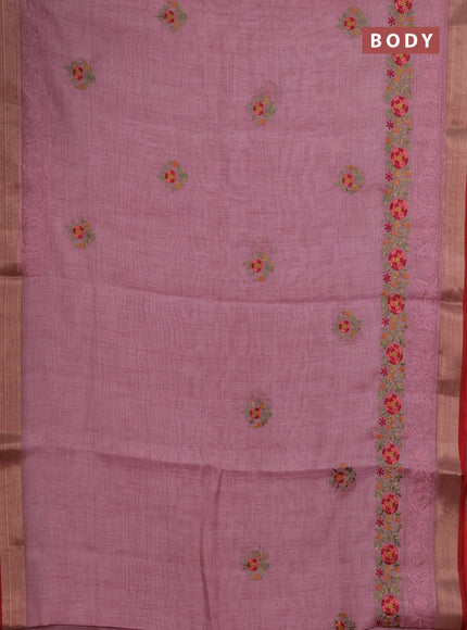 Linen saree pastel pink and maroon with embroidery buttas and embroidery pallu & border
