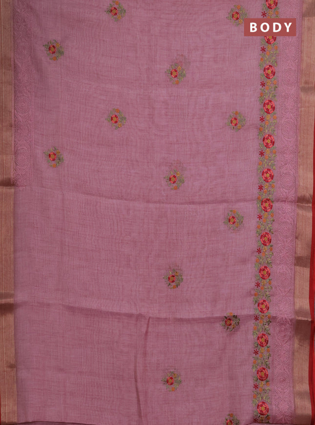 Linen saree pastel pink and maroon with embroidery buttas and embroidery pallu & border