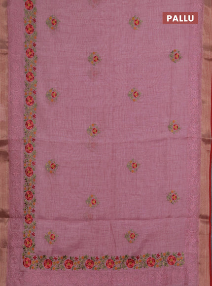 Linen saree pastel pink and maroon with embroidery buttas and embroidery pallu & border