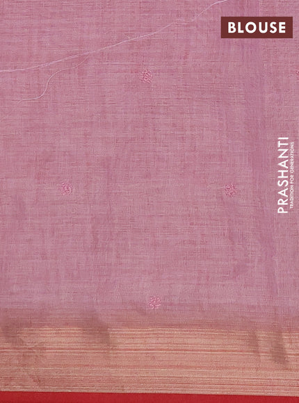 Linen saree pastel pink and maroon with embroidery buttas and embroidery pallu & border