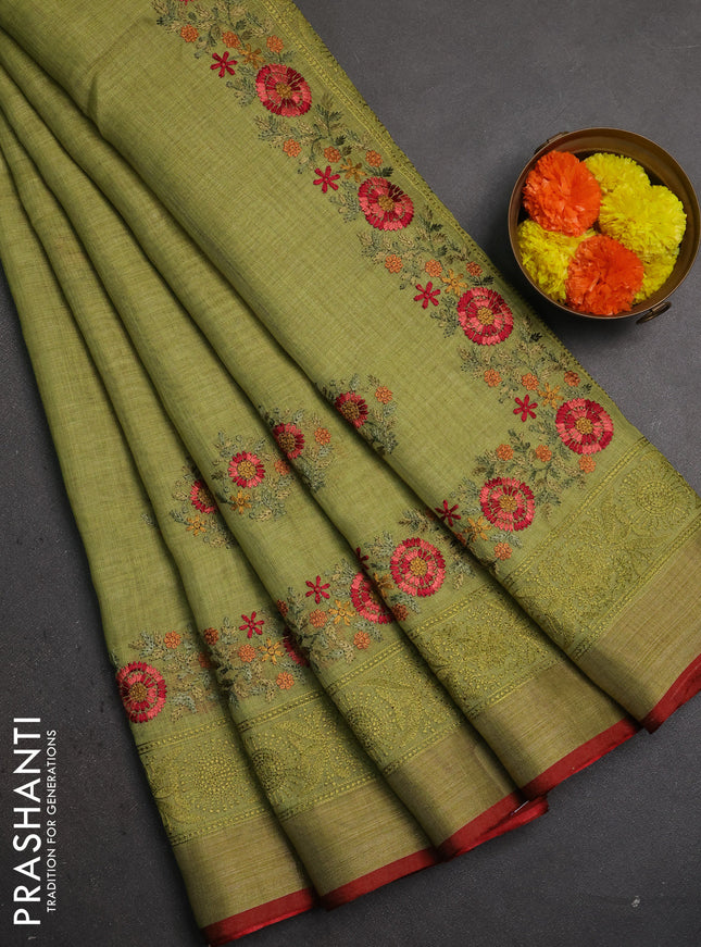 Linen saree light green and maroon with embroidery buttas and embroidery pallu & border