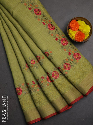 Linen saree light green and maroon with embroidery buttas and embroidery pallu & border