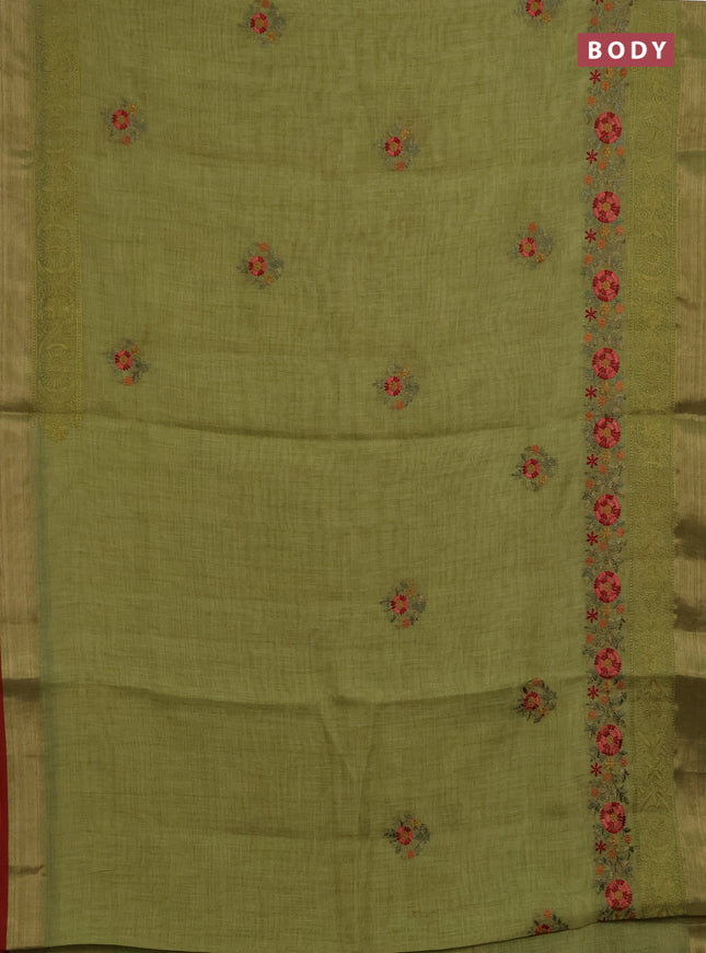 Linen saree light green and maroon with embroidery buttas and embroidery pallu & border