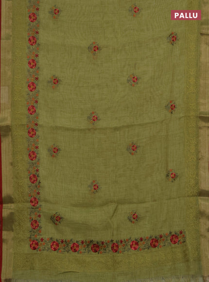 Linen saree light green and maroon with embroidery buttas and embroidery pallu & border
