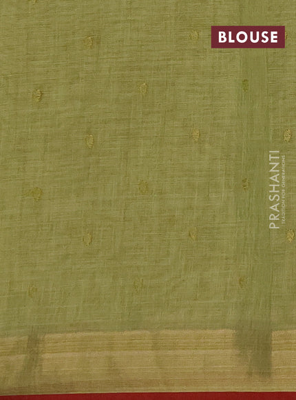 Linen saree light green and maroon with embroidery buttas and embroidery pallu & border