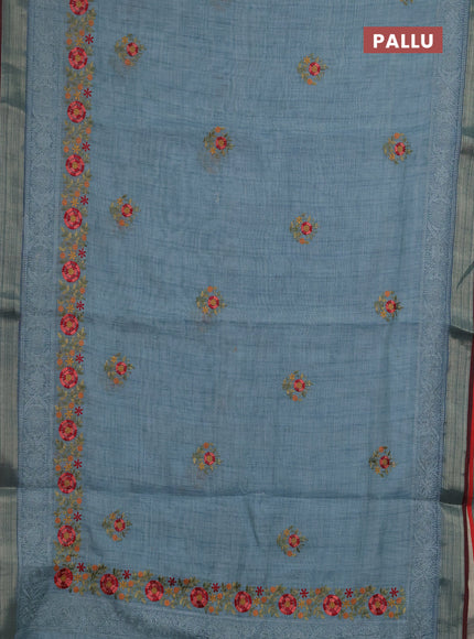 Linen saree pastel blue and maroon with embroidery buttas and embroidery pallu & border