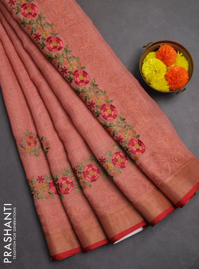 Linen saree peach shade and maroon with embroidery buttas and embroidery pallu & border
