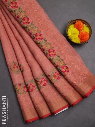 Linen saree peach shade and maroon with embroidery buttas and embroidery pallu & border