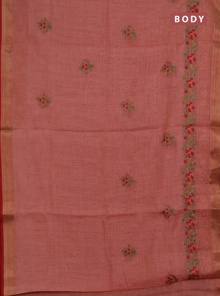 Linen saree peach shade and maroon with embroidery buttas and embroidery pallu & border