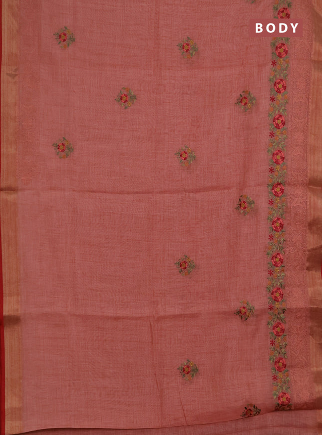 Linen saree peach shade and maroon with embroidery buttas and embroidery pallu & border